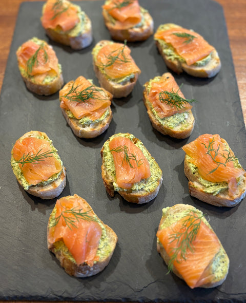 Local Smoked Salmon Crostini with Pistachio Feta